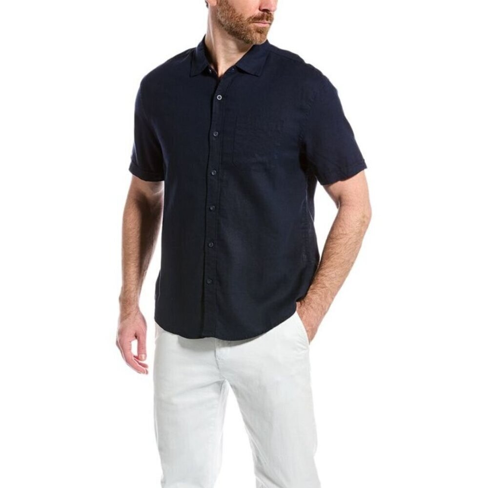 NWOT.Magaschoni Mens Linen Blend Woven Button Down Shirt Navy Blue Size Medium